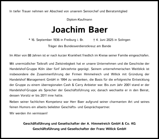 Anzeige von Joachim Baer von Kölner Stadt-Anzeiger / Kölnische Rundschau / Express