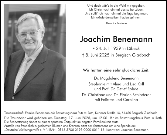 Anzeige von Joachim Benemann von Kölner Stadt-Anzeiger / Kölnische Rundschau / Express