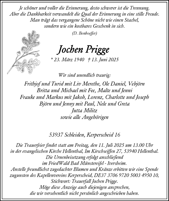 Anzeige von Jochen Prigge von Kölner Stadt-Anzeiger / Kölnische Rundschau / Express