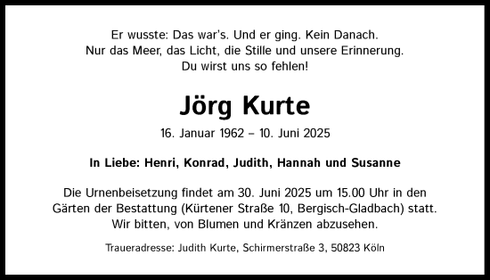 Anzeige von Jörg Kurte von Kölner Stadt-Anzeiger / Kölnische Rundschau / Express