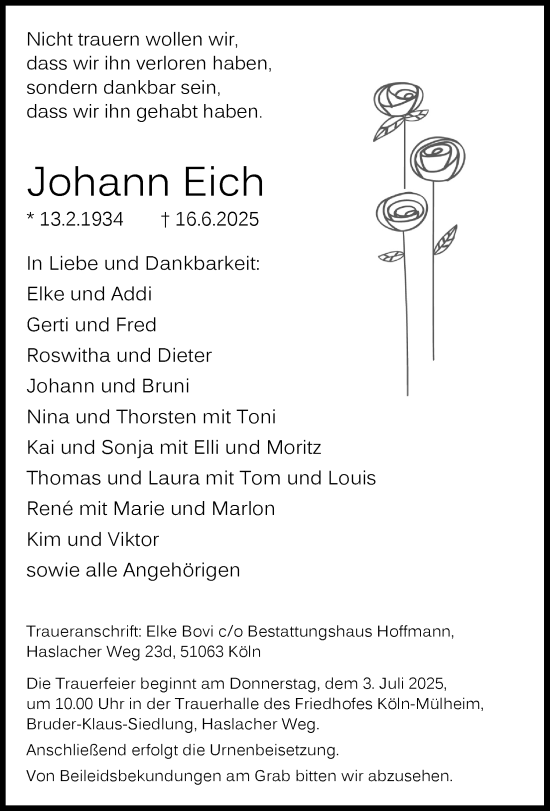 Anzeige von Johann Eich von Kölner Stadt-Anzeiger / Kölnische Rundschau / Express