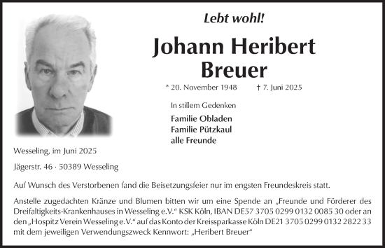 Anzeige von Johann Heribert Breuer von  Schlossbote/Werbekurier 