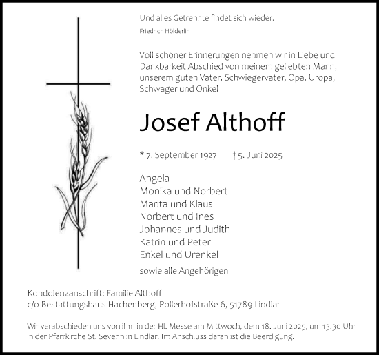 Anzeige von Josef Althoff von Kölner Stadt-Anzeiger / Kölnische Rundschau / Express