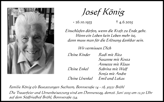 Anzeige von Josef König von Kölner Stadt-Anzeiger / Kölnische Rundschau / Express