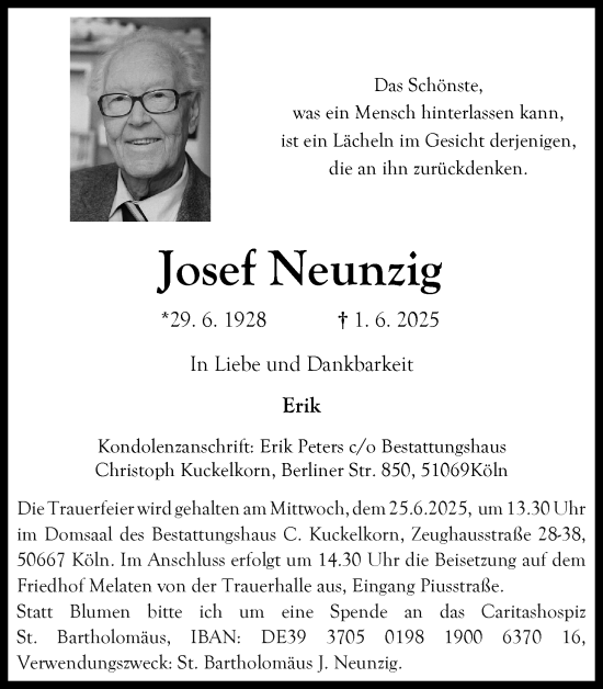 Anzeige von Josef Neunzig von Kölner Stadt-Anzeiger / Kölnische Rundschau / Express