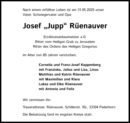 Anzeige von Josef Rüenauver von Kölner Stadt-Anzeiger / Kölnische Rundschau / Express