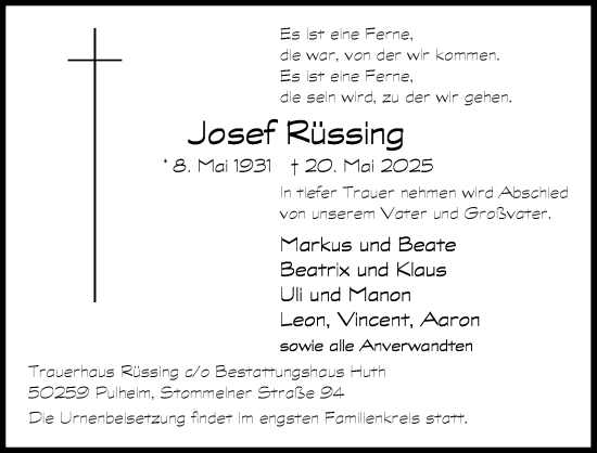Anzeige von Josef Rüssing von Kölner Stadt-Anzeiger / Kölnische Rundschau / Express