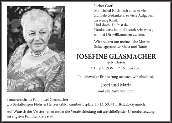 Anzeige von Josefine Glasmacher von  Werbepost 