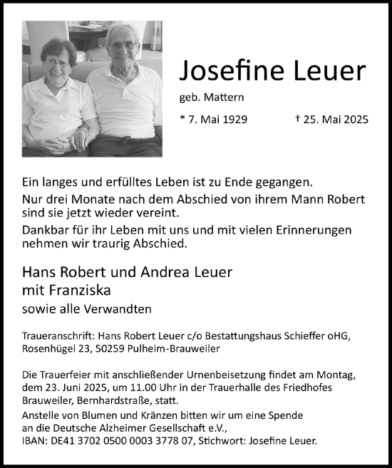 Anzeige von Josefine Leuer von  Wochenende 