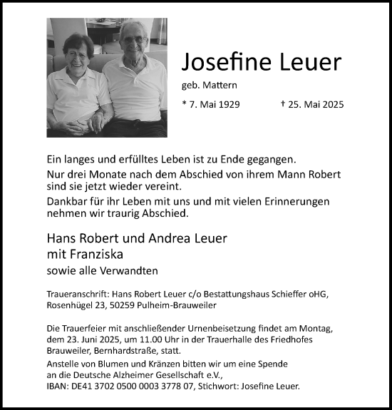 Anzeige von Josefine Leuer von Kölner Stadt-Anzeiger / Kölnische Rundschau / Express