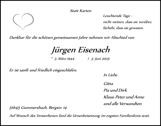 Anzeige von Jürgen Eisenach von  Anzeigen Echo 