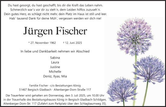 Anzeige von Jürgen Fischer von  Bergisches Handelsblatt 