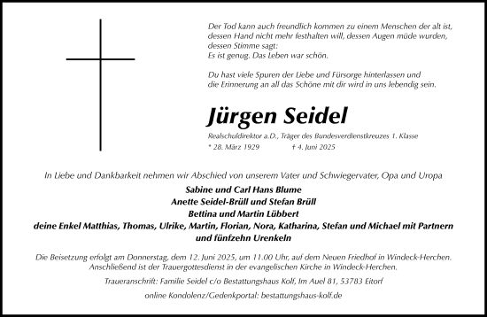 Anzeige von Jürgen Seidel von Kölner Stadt-Anzeiger / Kölnische Rundschau / Express