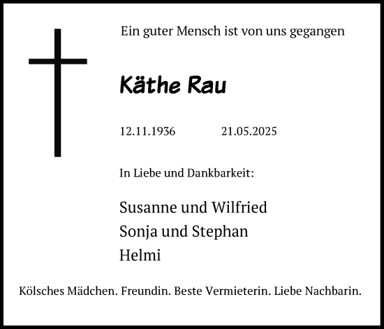 Anzeige von Käthe Rau von Kölner Stadt-Anzeiger / Kölnische Rundschau / Express