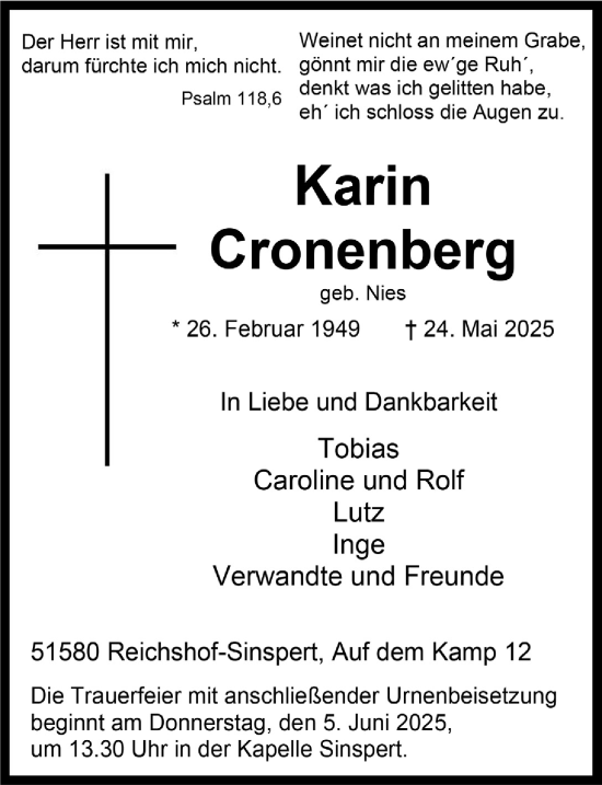 Anzeige von Karin Cronenberg von  Anzeigen Echo 