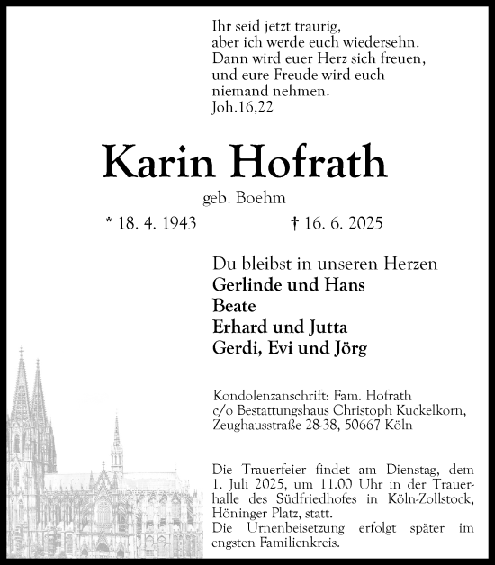 Anzeige von Karin Hofrath von Kölner Stadt-Anzeiger / Kölnische Rundschau / Express
