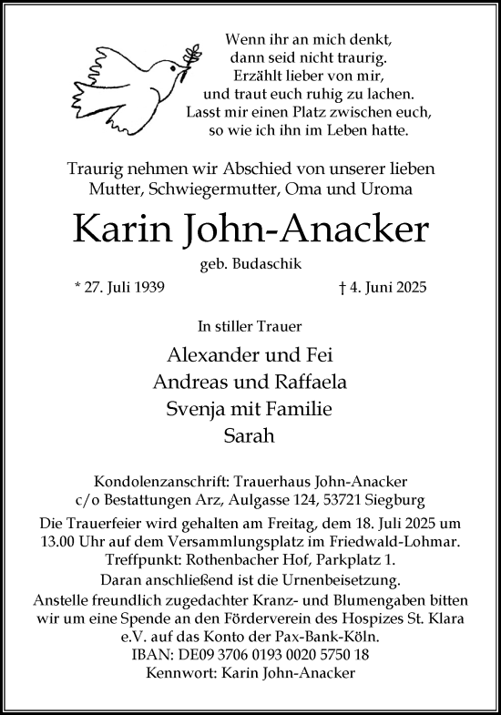 Anzeige von Karin John-Anacker von Kölner Stadt-Anzeiger / Kölnische Rundschau / Express
