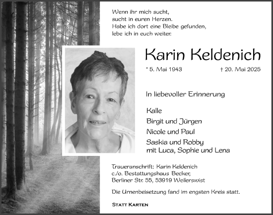 Anzeige von Karin Keldenich von  Blickpunkt Euskirchen 