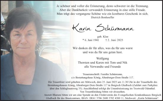 Anzeige von Karin Schürmann von Kölner Stadt-Anzeiger / Kölnische Rundschau / Express