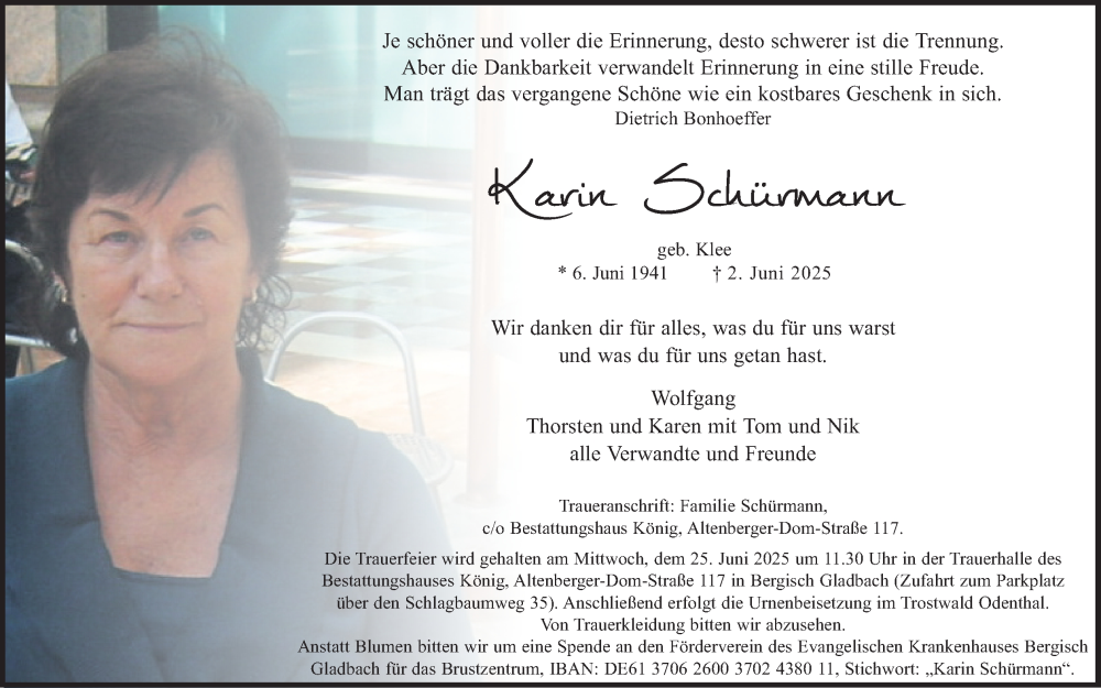  Traueranzeige für Karin Schürmann vom 14.06.2025 aus Kölner Stadt-Anzeiger / Kölnische Rundschau / Express