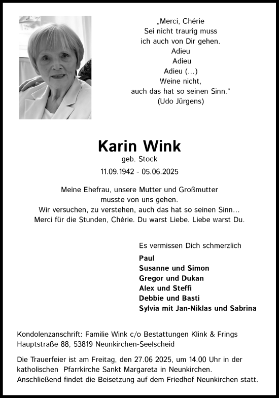 Anzeige von Karin Wink von Kölner Stadt-Anzeiger / Kölnische Rundschau / Express