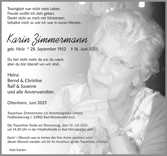 Anzeige von Karin Zimmermann von  Blickpunkt Euskirchen 