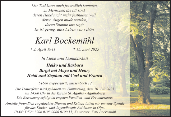 Anzeige von Karl Bockemühl von Kölner Stadt-Anzeiger / Kölnische Rundschau / Express