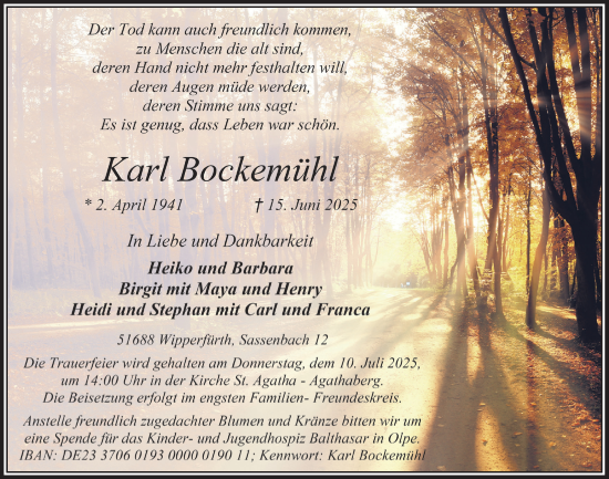 Anzeige von Karl Bockemühl von  Anzeigen Echo 