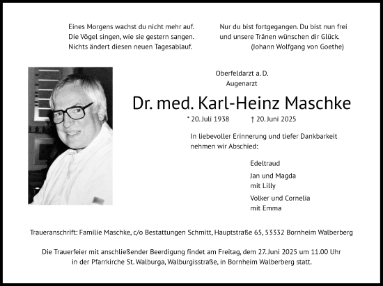 Anzeige von Karl-Heinz Maschke von Kölner Stadt-Anzeiger / Kölnische Rundschau / Express