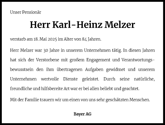 Anzeige von Karl-Heinz Melzer von Kölner Stadt-Anzeiger / Kölnische Rundschau / Express