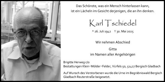 Anzeige von Karl Tschiedel von Kölner Stadt-Anzeiger / Kölnische Rundschau / Express