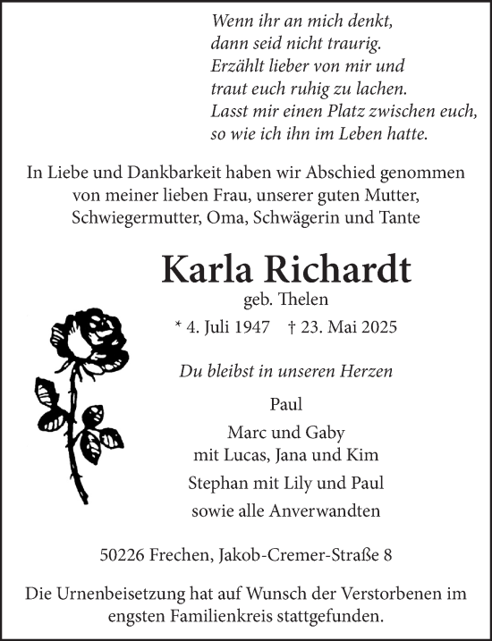 Anzeige von Karla Richardt von  Wochenende 