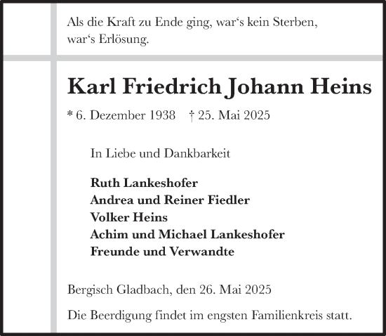 Anzeige von Karl Friedrich Johann Heins von  Bergisches Handelsblatt 