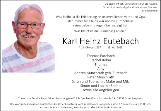 Anzeige von Karl Heinz Eutebach von Kölner Stadt-Anzeiger / Kölnische Rundschau / Express