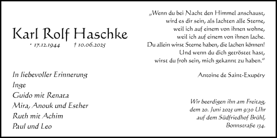 Anzeige von Karl Rolf Haschke von Kölner Stadt-Anzeiger / Kölnische Rundschau / Express