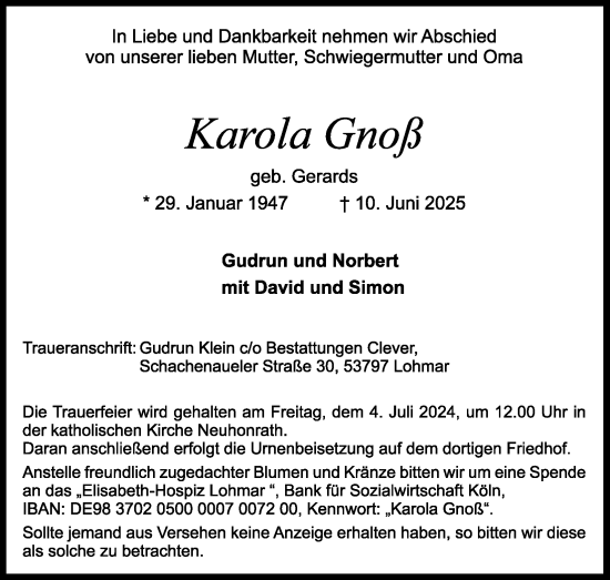 Anzeige von Karola Gnofs von Kölner Stadt-Anzeiger / Kölnische Rundschau / Express