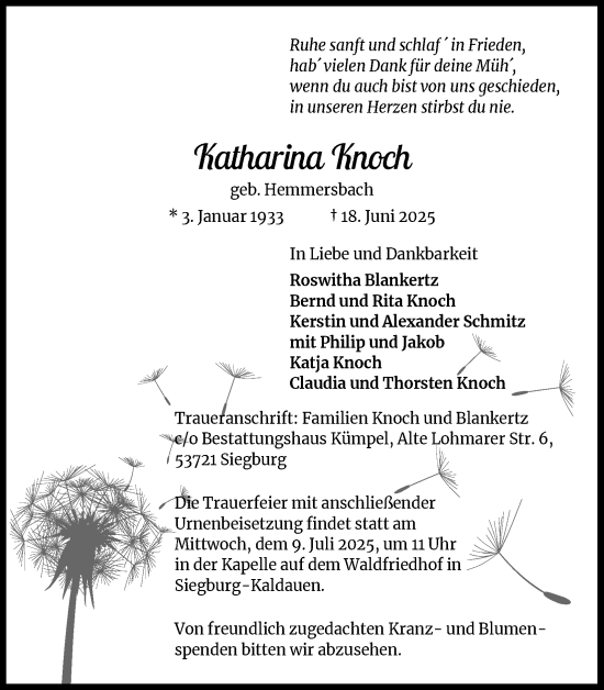 Anzeige von Katharina Knoch von Kölner Stadt-Anzeiger / Kölnische Rundschau / Express