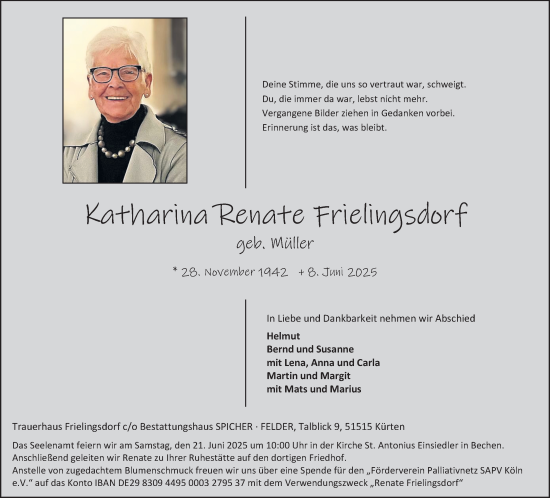 Anzeige von Katharina Renate Frielingsdorf von Kölner Stadt-Anzeiger / Kölnische Rundschau / Express