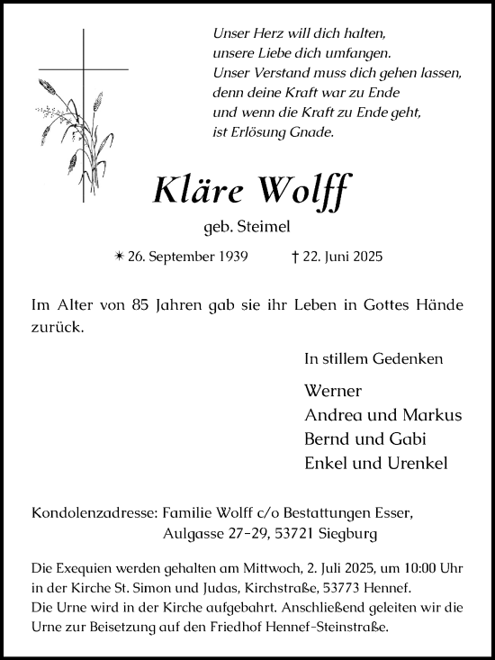 Anzeige von Kläre Wolff von Kölner Stadt-Anzeiger / Kölnische Rundschau / Express