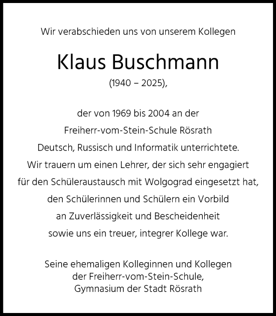 Anzeige von Klaus Buschmann von Kölner Stadt-Anzeiger / Kölnische Rundschau / Express