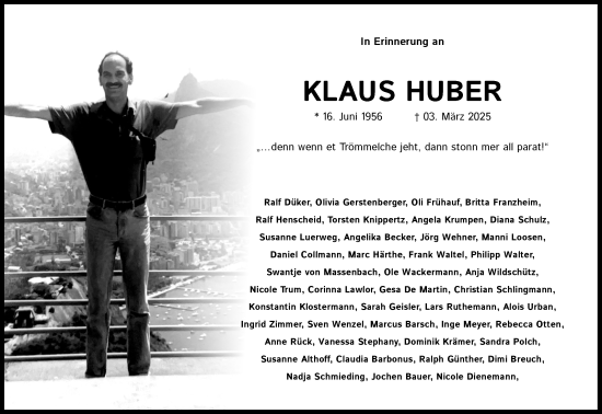 Anzeige von Klaus Huber von Kölner Stadt-Anzeiger / Kölnische Rundschau / Express
