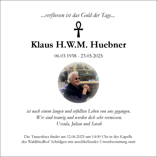 Anzeige von Klaus Huebner von Kölner Stadt-Anzeiger / Kölnische Rundschau / Express