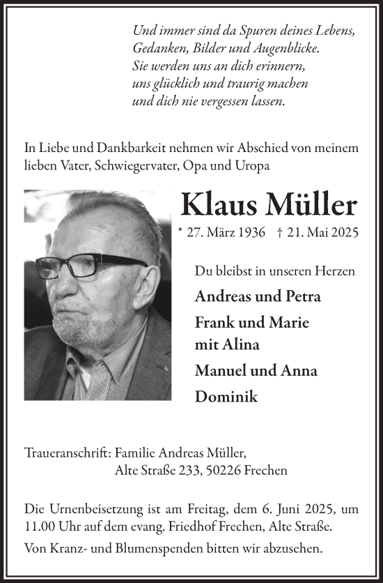 Anzeige von Klaus Müller von  Wochenende 