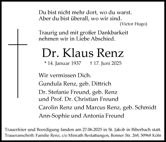 Anzeige von Klaus Renz von Kölner Stadt-Anzeiger / Kölnische Rundschau / Express