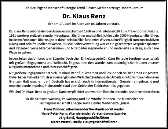 Anzeige von Klaus Renz von Kölner Stadt-Anzeiger / Kölnische Rundschau / Express