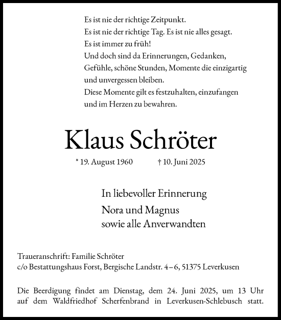 Anzeige von Klaus Schröter von Kölner Stadt-Anzeiger / Kölnische Rundschau / Express