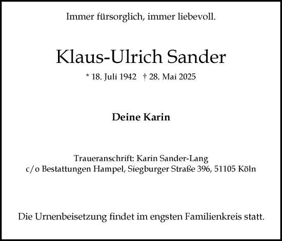 Anzeige von Klaus-Ulrich Sander von Kölner Stadt-Anzeiger / Kölnische Rundschau / Express