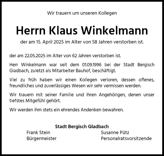 Anzeige von Klaus Winkelmann von Kölner Stadt-Anzeiger / Kölnische Rundschau / Express