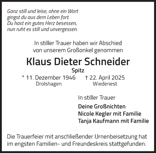 Anzeige von Klaus Dieter Schneider von  Anzeigen Echo 