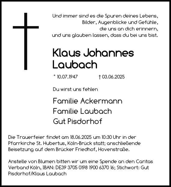 Anzeige von Klaus Johannes Laubach von Kölner Stadt-Anzeiger / Kölnische Rundschau / Express